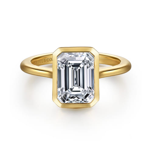 14K Yellow Gold Bezel Set Emerald Cut Solitaire Diamond Engagement Ring