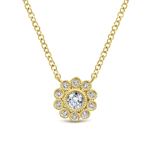 14K Yellow Gold Bezel Set Floral Diamond Pendant Necklace