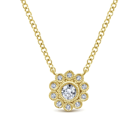 Gabriel - 14K Yellow Gold Bezel Set Floral Diamond Pendant Necklace