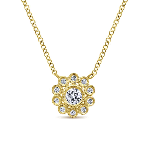 14K Yellow Gold Bezel Set Floral Diamond Pendant Necklace