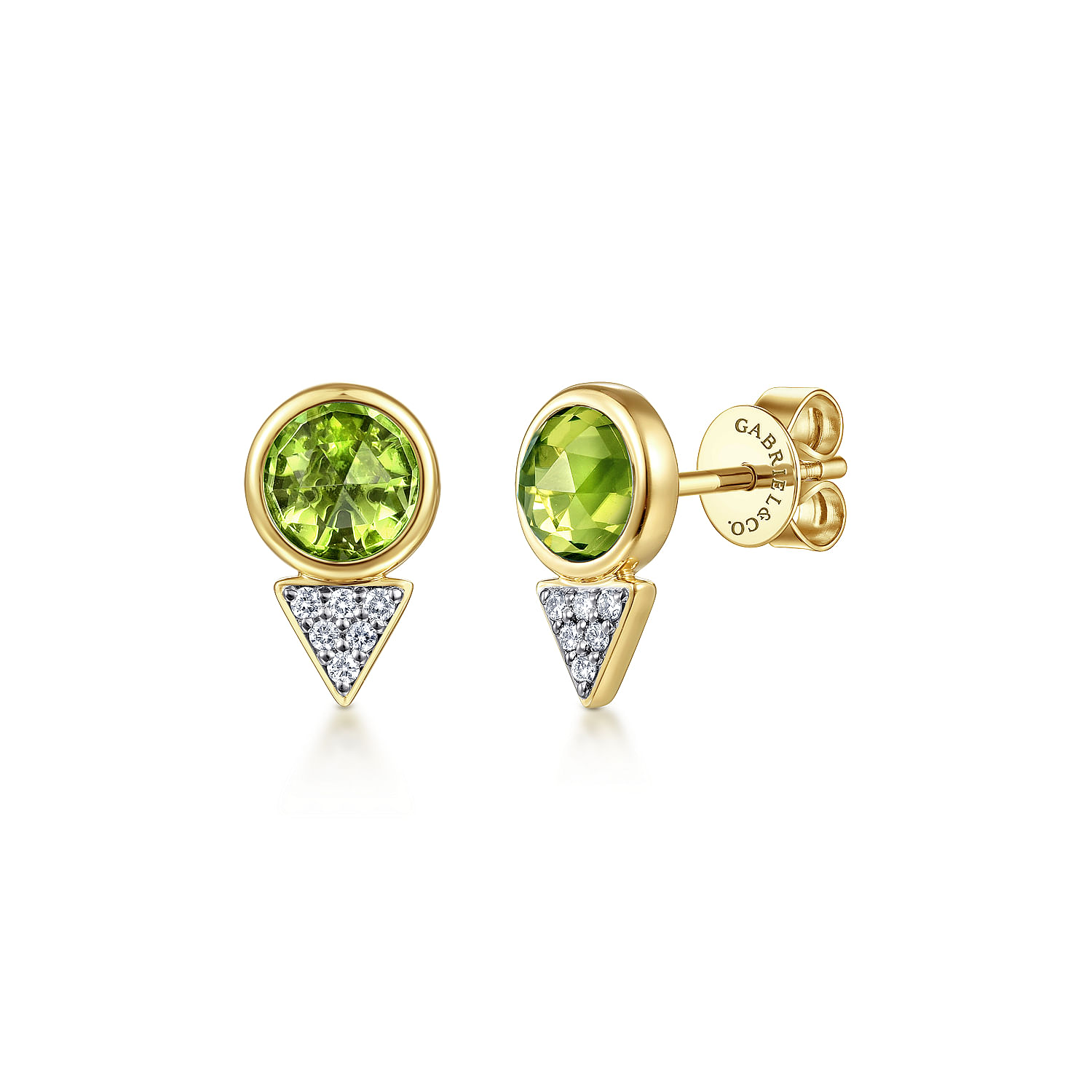 14K Yellow Gold Bezel Set Peridot and Diamond Cluster Geometric Stud Earrings