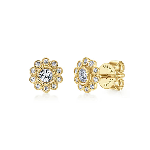 14K Yellow Gold Bezel Set Round Diamond Flower Stud Earrings