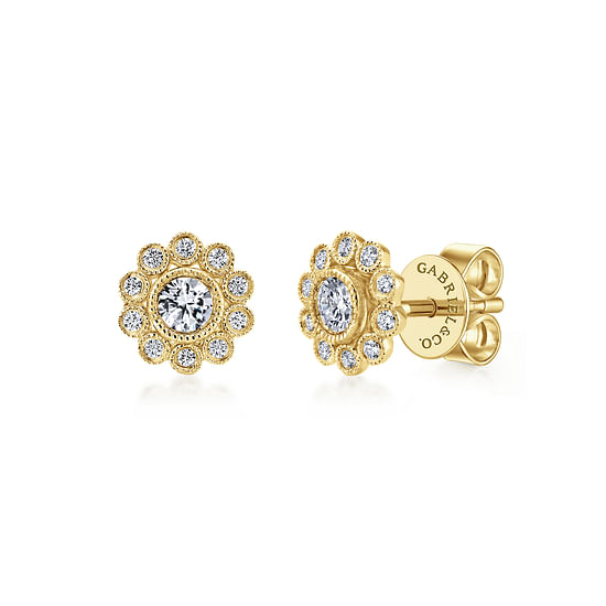 Gabriel - 14K Yellow Gold Bezel Set Round Diamond Flower Stud Earrings