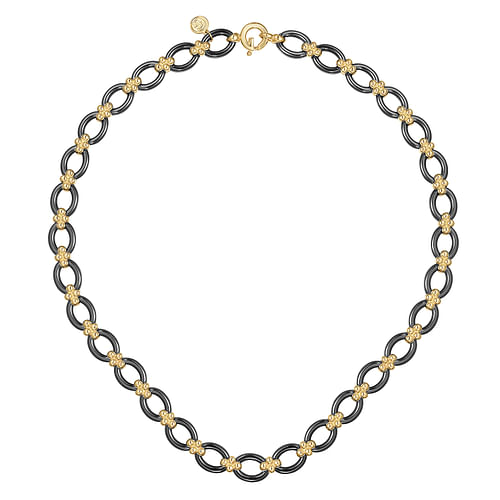 14K Yellow Gold Black Ceramic Oval Link Chain Necklace with Bujukan Connectors