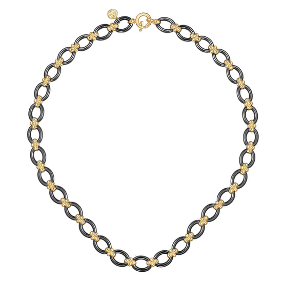 14K Yellow Gold Black Ceramic Oval Link Chain Necklace with Bujukan Connectors angle 2
