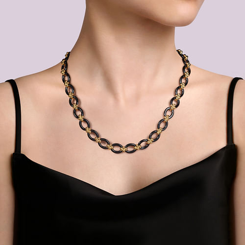 14K Yellow Gold Black Ceramic Oval Link Chain Necklace with Bujukan Connectors