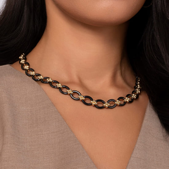 14K Yellow Gold Black Ceramic Oval Link Chain Necklace with Bujukan Connectors angle 3