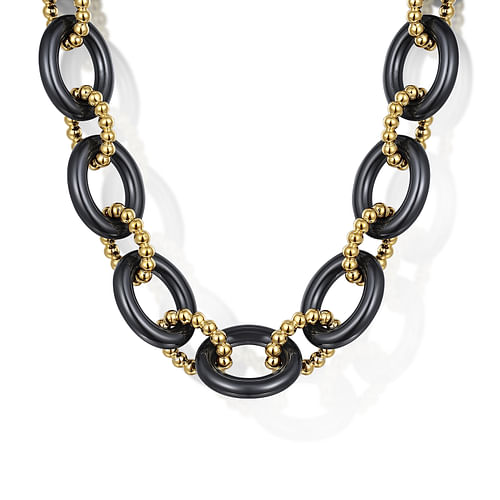 14K Yellow Gold Black Ceramic Oval Link Chain Necklace with Bujukan Connectors