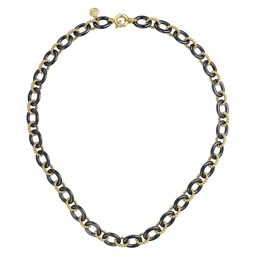 14K Yellow Gold Black Ceramic Oval Link Chain Necklace with Bujukan Connectors