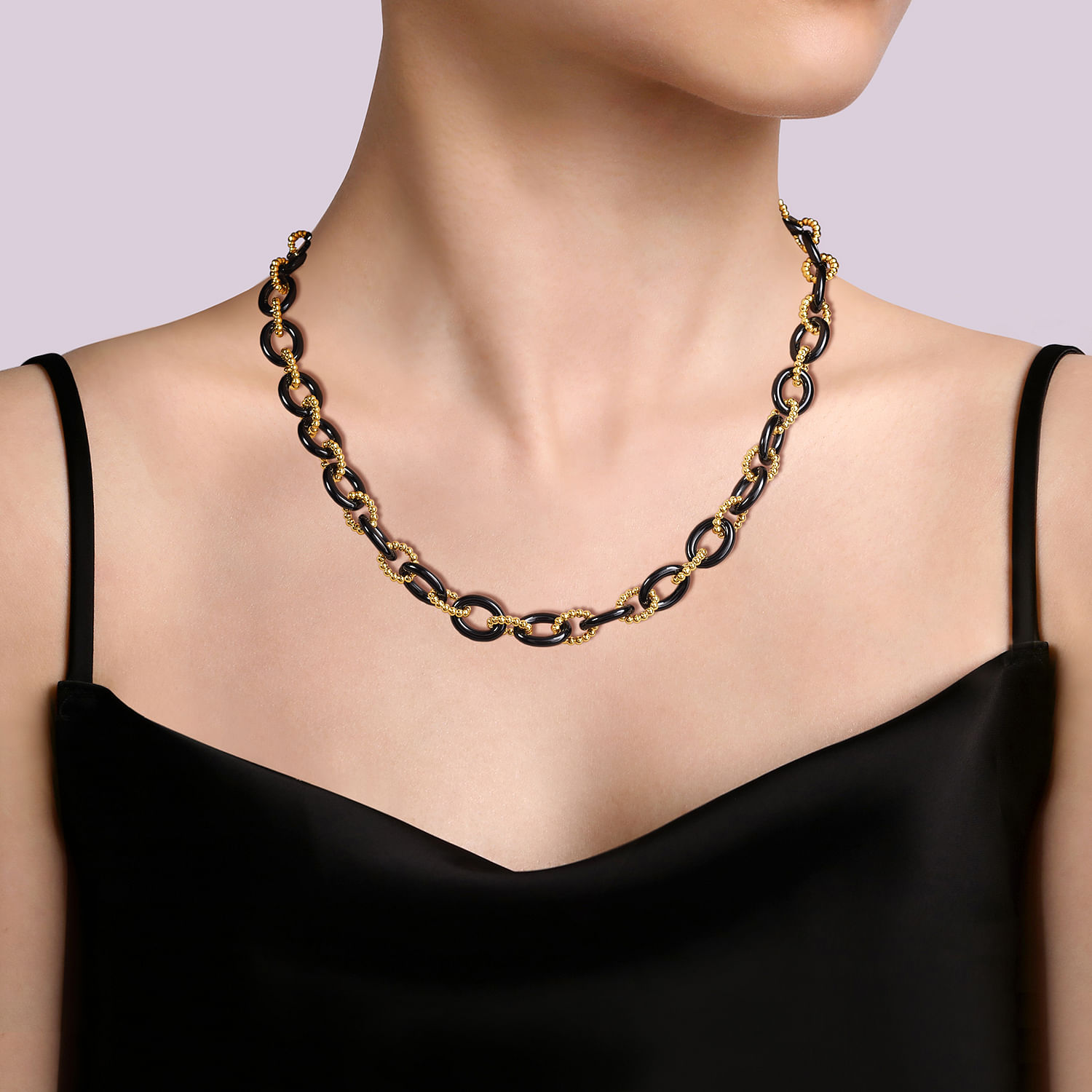 14K Yellow Gold Black Ceramic Oval Link Chain Necklace with Bujukan Connectors