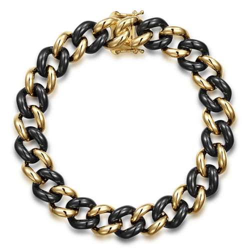 14K Yellow Gold Black Cuban Ceramic Tennis Bracelet 
