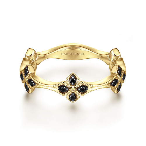 14K Yellow Gold Black Diamond Floral Station Stackable Ring
