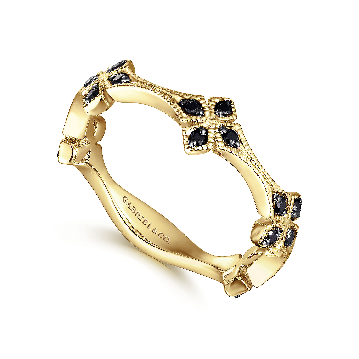 14K Yellow Gold Black Diamond Floral Station Stackable Ring