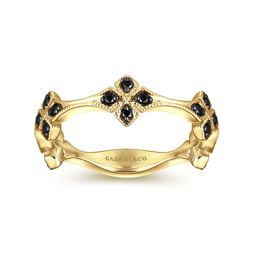 14K Yellow Gold Black Diamond Floral Station Stackable Ring