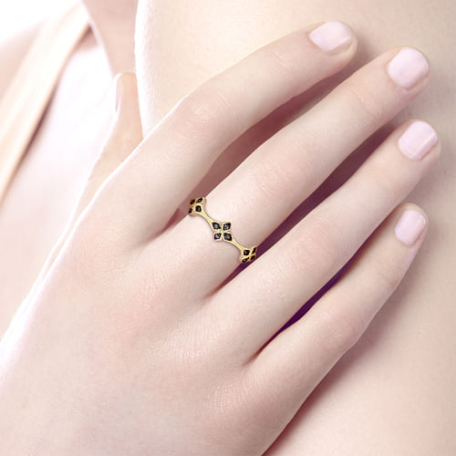 14K Yellow Gold Black Diamond Floral Station Stackable Ring