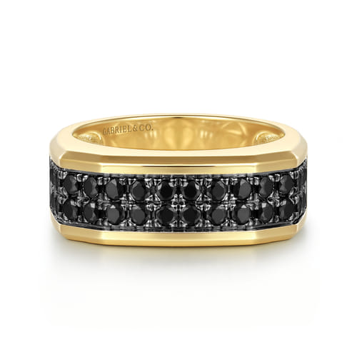14K Yellow Gold Black Diamond Mens Ring in High Polish Finish