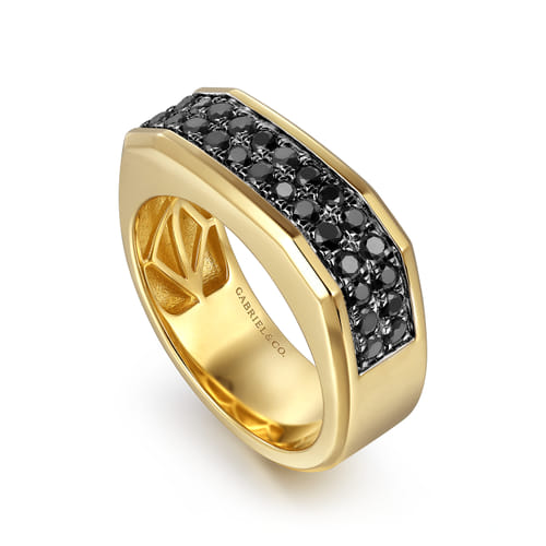 14K Yellow Gold Black Diamond Mens Ring in High Polish Finish