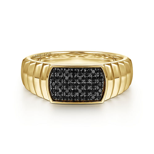 14K Yellow Gold Black Diamond Mens Ring in High Polished Finish