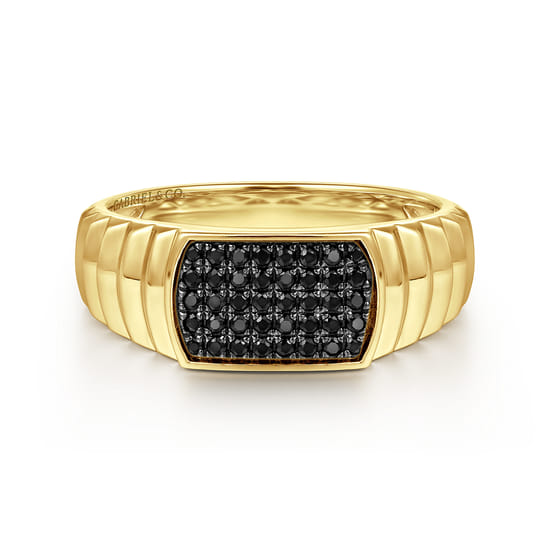 14K Yellow Gold Black Diamond Mens Ring in High Polished Finish