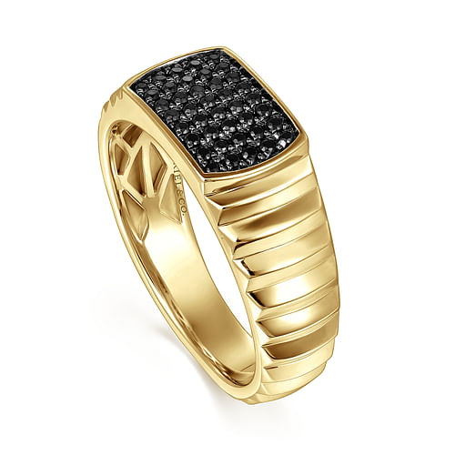 14K Yellow Gold Black Diamond Mens Ring in High Polished Finish