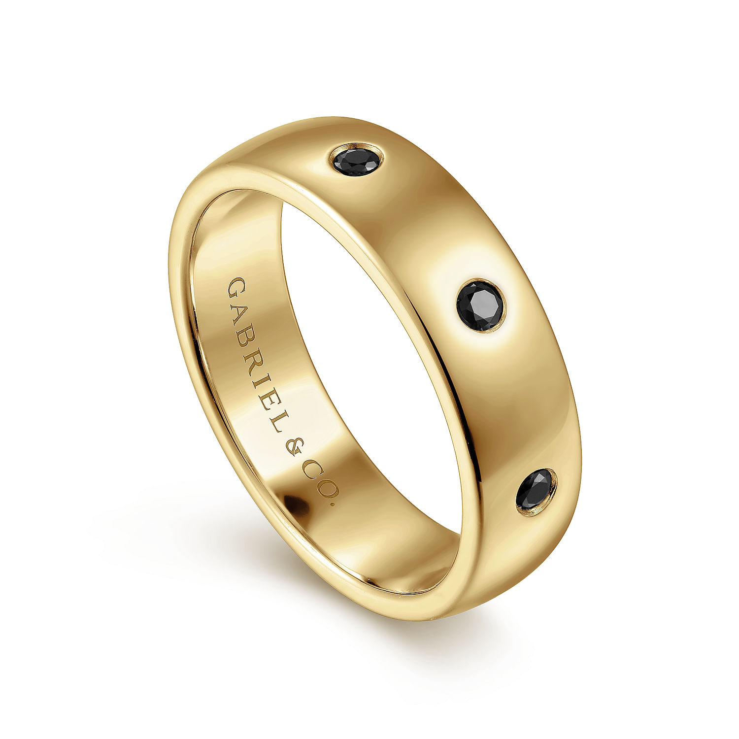 14K Yellow Gold Black Diamond Men's Wedding Ring in High Polished Finish