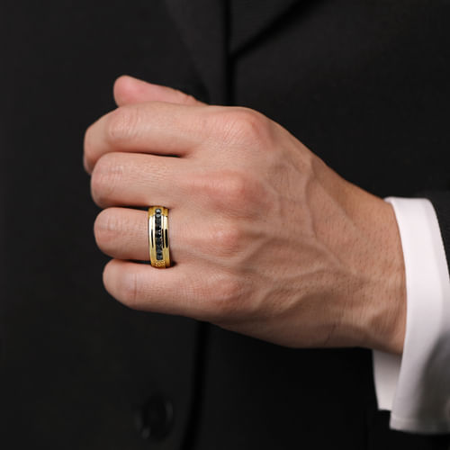 14K Yellow Gold Black Diamond Men's Wedding Ring in Sand Blast Finish