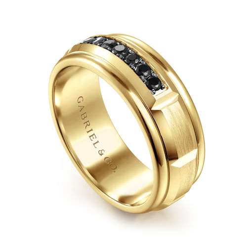14K Yellow Gold Black Diamond Men's Wedding Ring in Satin Finish