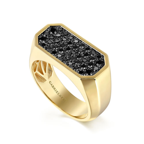 14K Yellow Gold Black Diamond Pavé Men's Ring in High Polish Finish