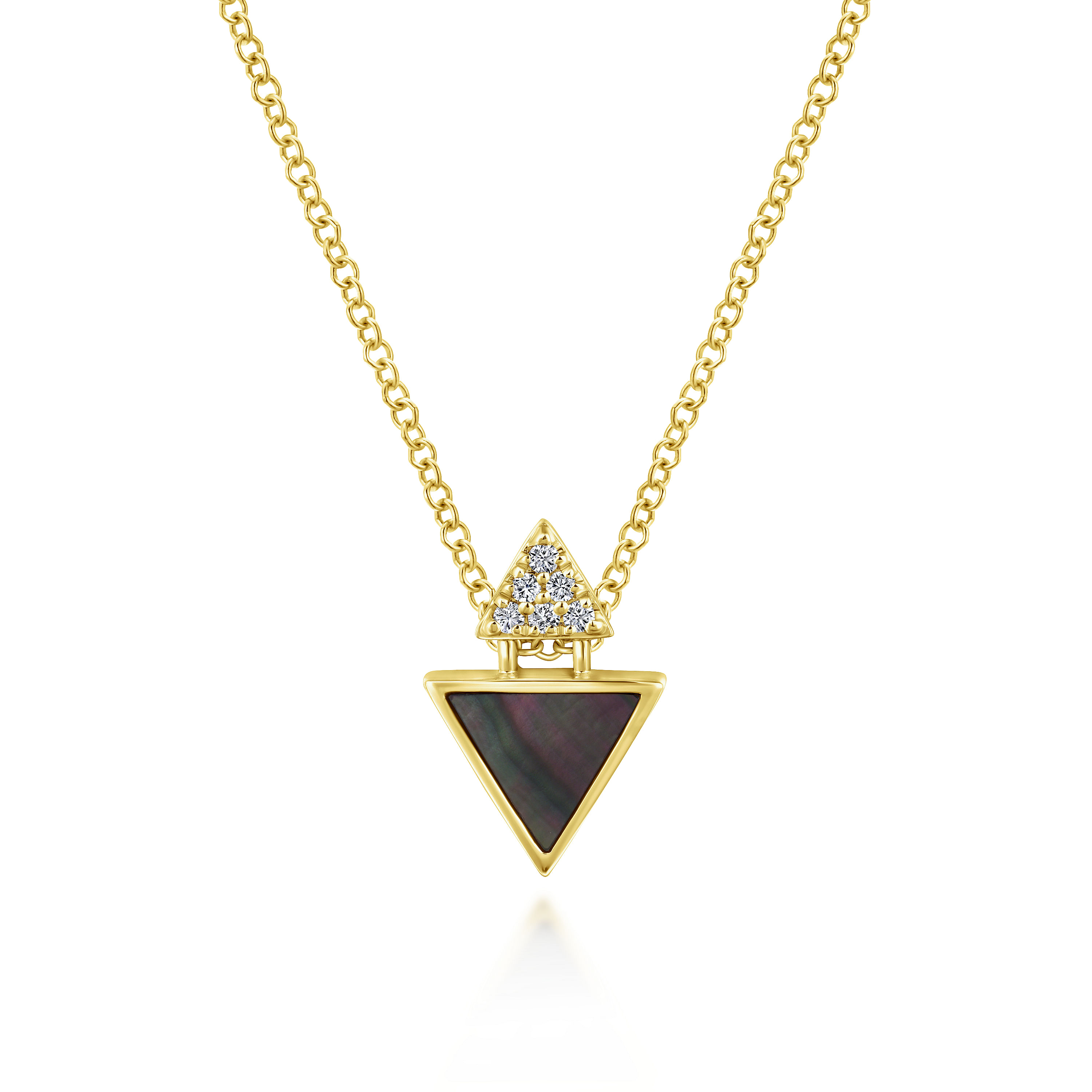 14K Yellow Gold Black Mother Of Pearl and Diamond Triangle Pendant Necklace