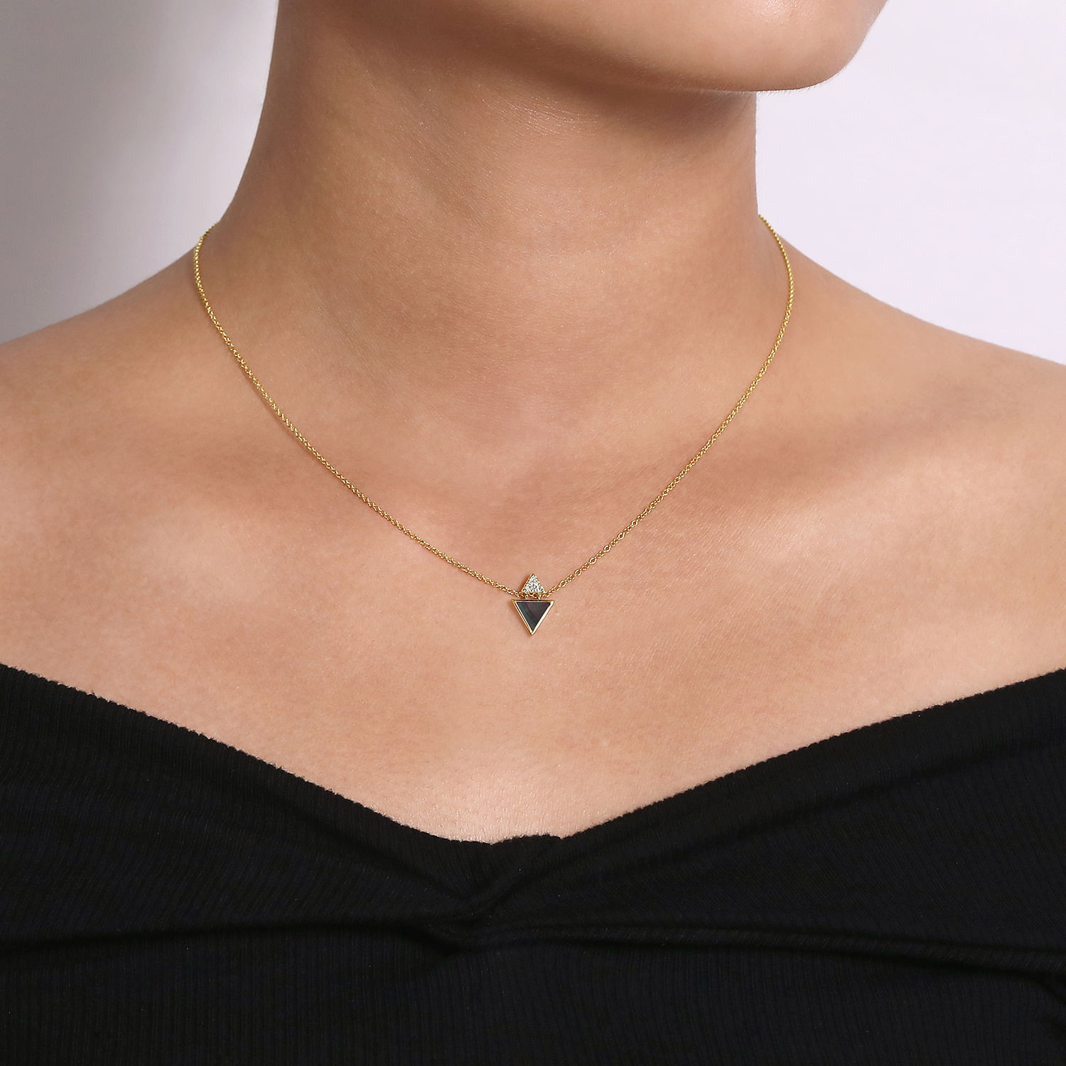 14K Yellow Gold Black Mother Of Pearl and Diamond Triangle Pendant Necklace