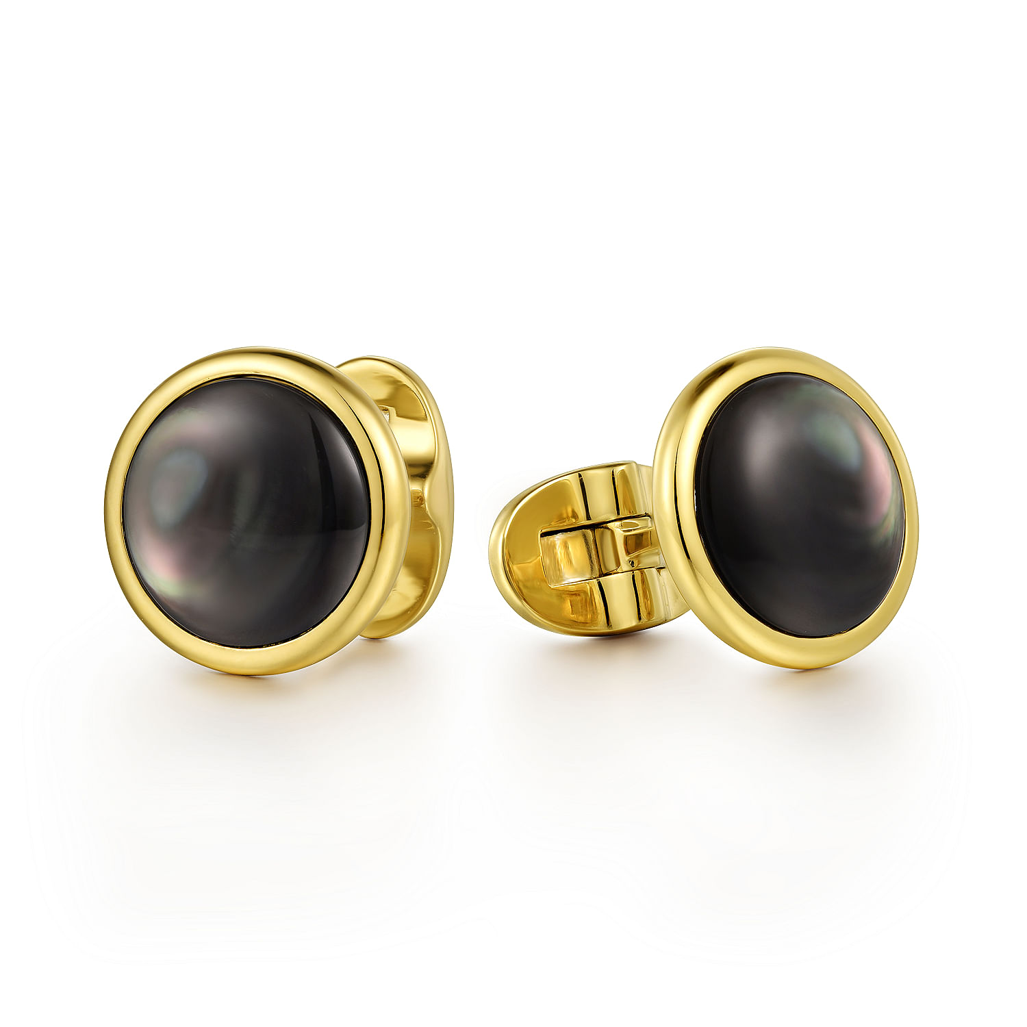 14K Yellow Gold Black Mother of Pearl Round Cufflinks