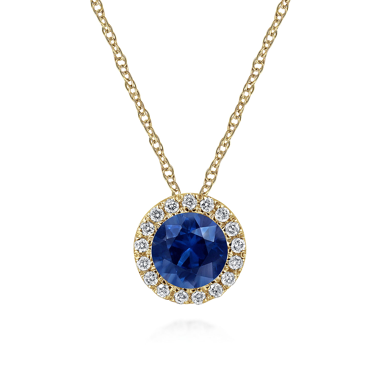 14K Yellow Gold Blue Sapphire and Diamond Halo Pendant Necklace