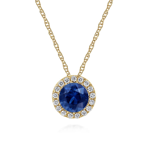 14K Yellow Gold Blue Sapphire and Diamond Halo Pendant Necklace