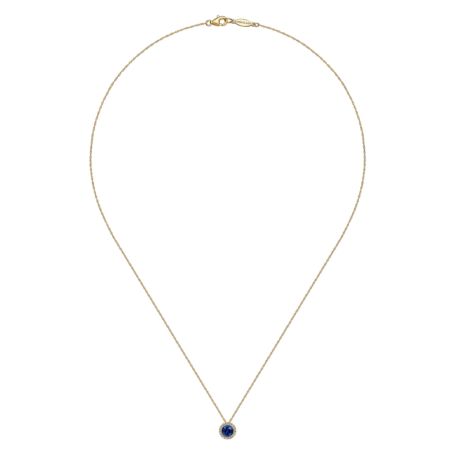 14K Yellow Gold Blue Sapphire and Diamond Halo Pendant Necklace