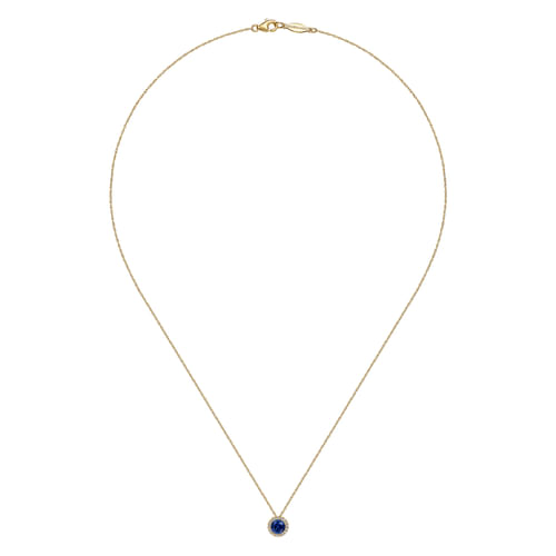14K Yellow Gold Blue Sapphire and Diamond Halo Pendant Necklace