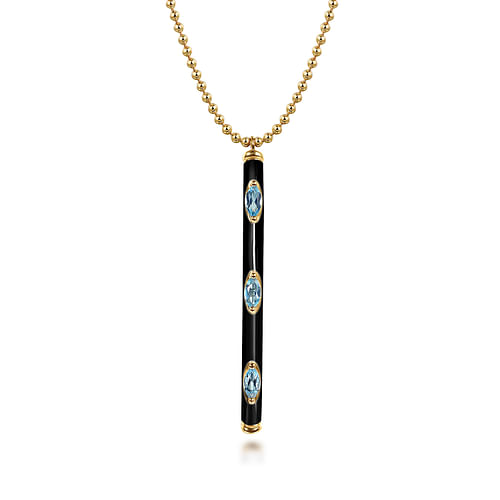 14K Yellow Gold Blue Topaz Bar Necklace with Black Enamel