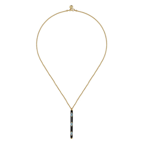 14K Yellow Gold Blue Topaz Bar Necklace with Black Enamel