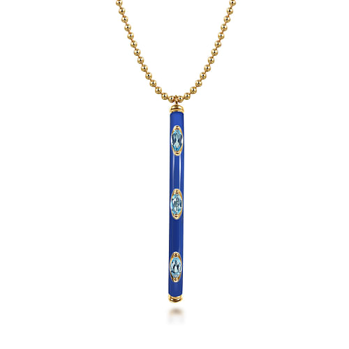 14K Yellow Gold Blue Topaz Bar Necklace with Dark Blue Enamel