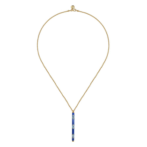 14K Yellow Gold Blue Topaz Bar Necklace with Dark Blue Enamel