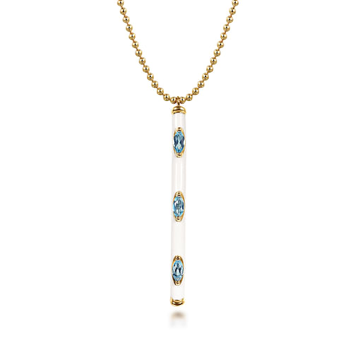 14K Yellow Gold Blue Topaz Bar Necklace with White Enamel