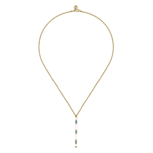 14K Yellow Gold Blue Topaz Bar Necklace with White Enamel