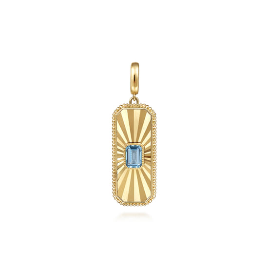 14K Yellow Gold Blue Topaz Bujukan Diamond Cut Medallion Pendant With Detachable Bail
