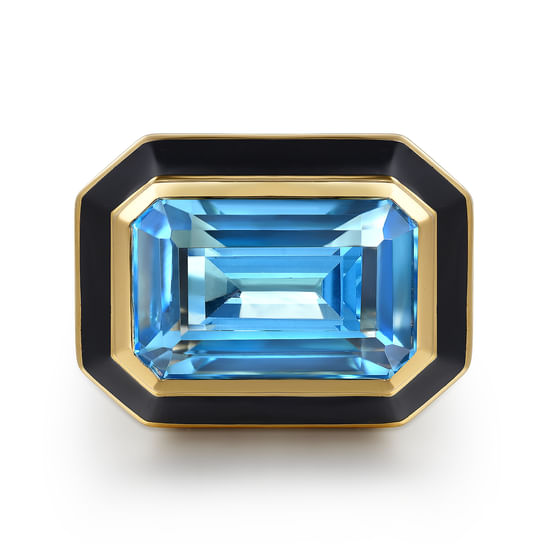 Gabriel - 14K Yellow Gold Blue Topaz Cocktail Ring with Black Enamel