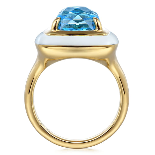 14K Yellow Gold Blue Topaz Cocktail Ring with White Enamel
