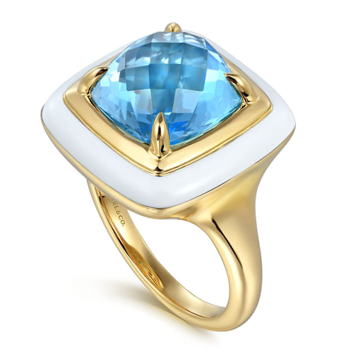 14K Yellow Gold Blue Topaz Cocktail Ring with White Enamel