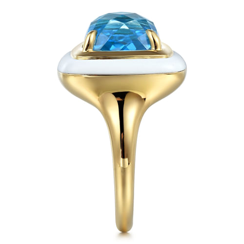 14K Yellow Gold Blue Topaz Cocktail Ring with White Enamel