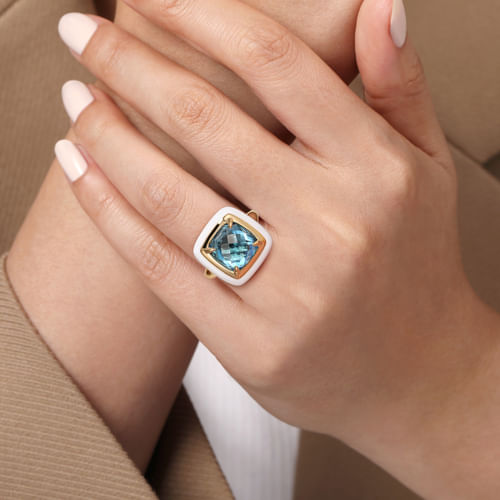 14K Yellow Gold Blue Topaz Cocktail Ring with White Enamel