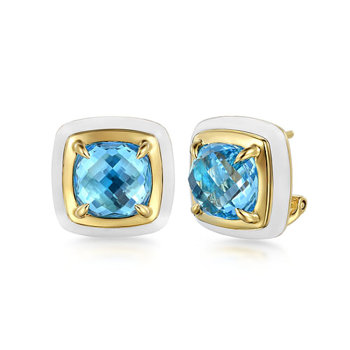 14K Yellow Gold Blue Topaz Cushion Cut Earrings With Flower Pattern J-Back and White Enamel