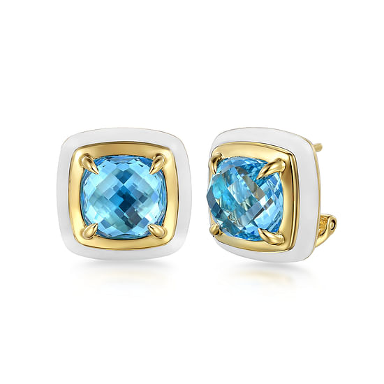 Gabriel - 14K Yellow Gold Blue Topaz Cushion Cut Earrings With Flower Pattern J-Back and White Enamel