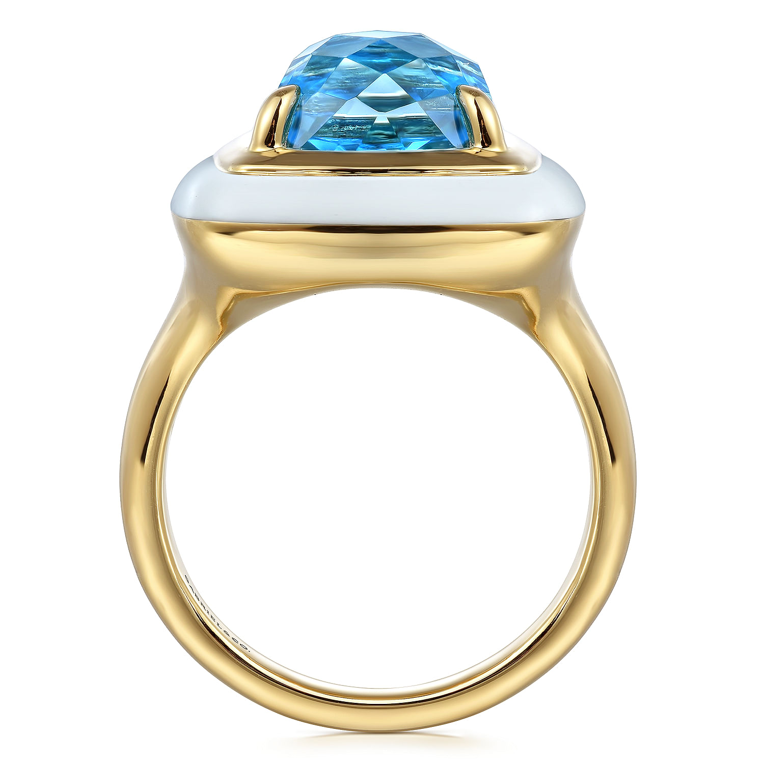 14K Yellow Gold Blue Topaz Cushion Cut Ladies Ring With Flower Pattern J-Back and White Enamel